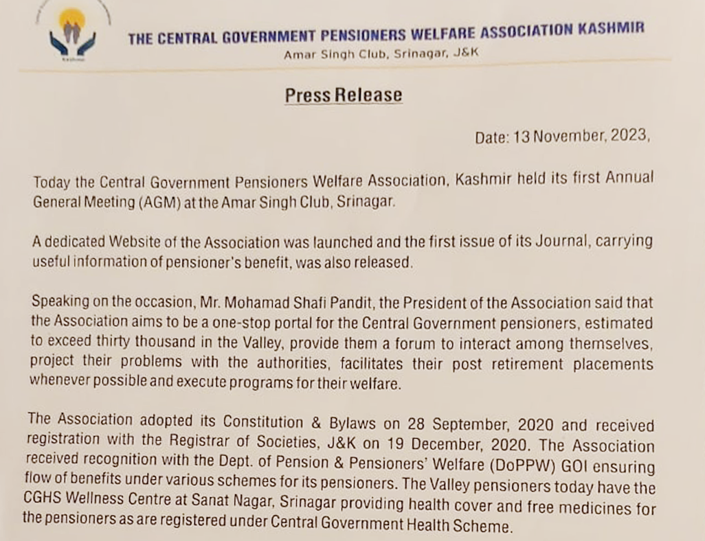 Central Government Pensioners Welfare Association, Kashmir held its first Annual General Meeting (AGM) at the Amar Singh Club Srimagar